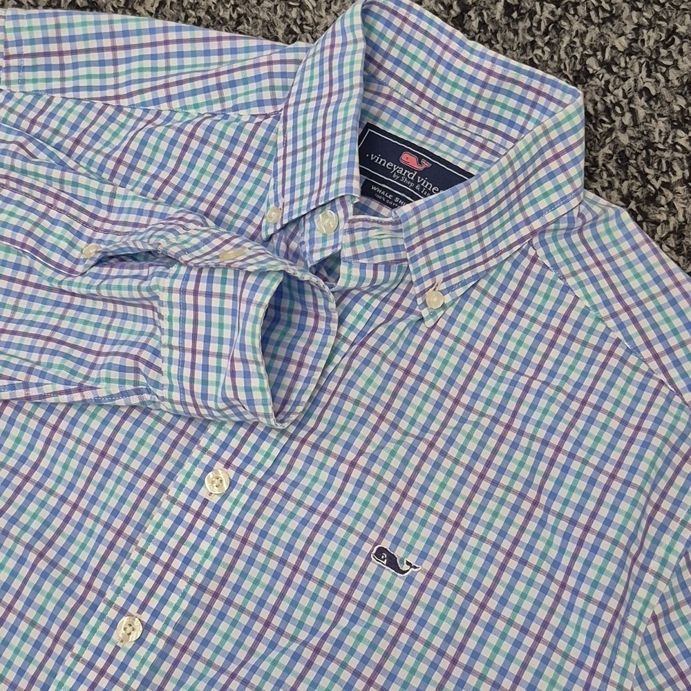 Vineyard Vines Mens Small White‎ Gingham Check Whale Shirt Long Sleeve